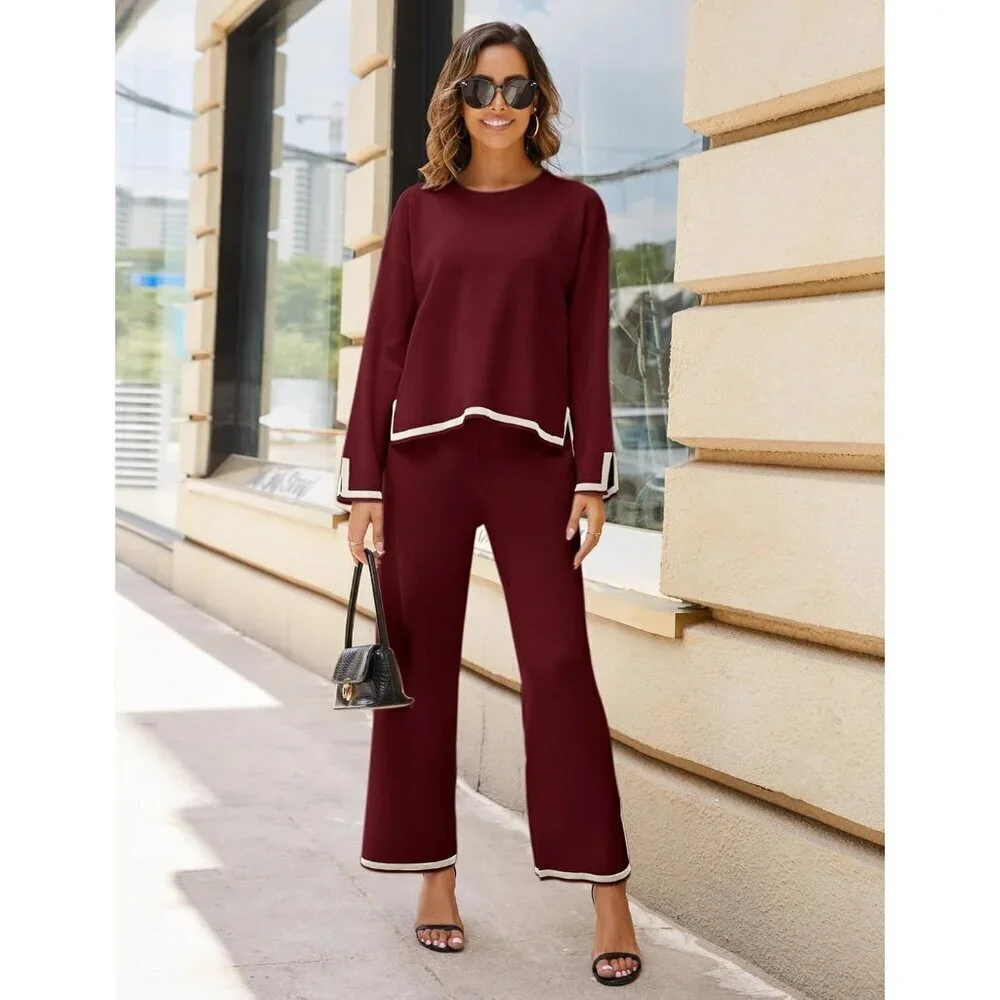 Women's Wine Red Long Sleeve Knit Sweater Top & Wide Leg Pants Lounge Set